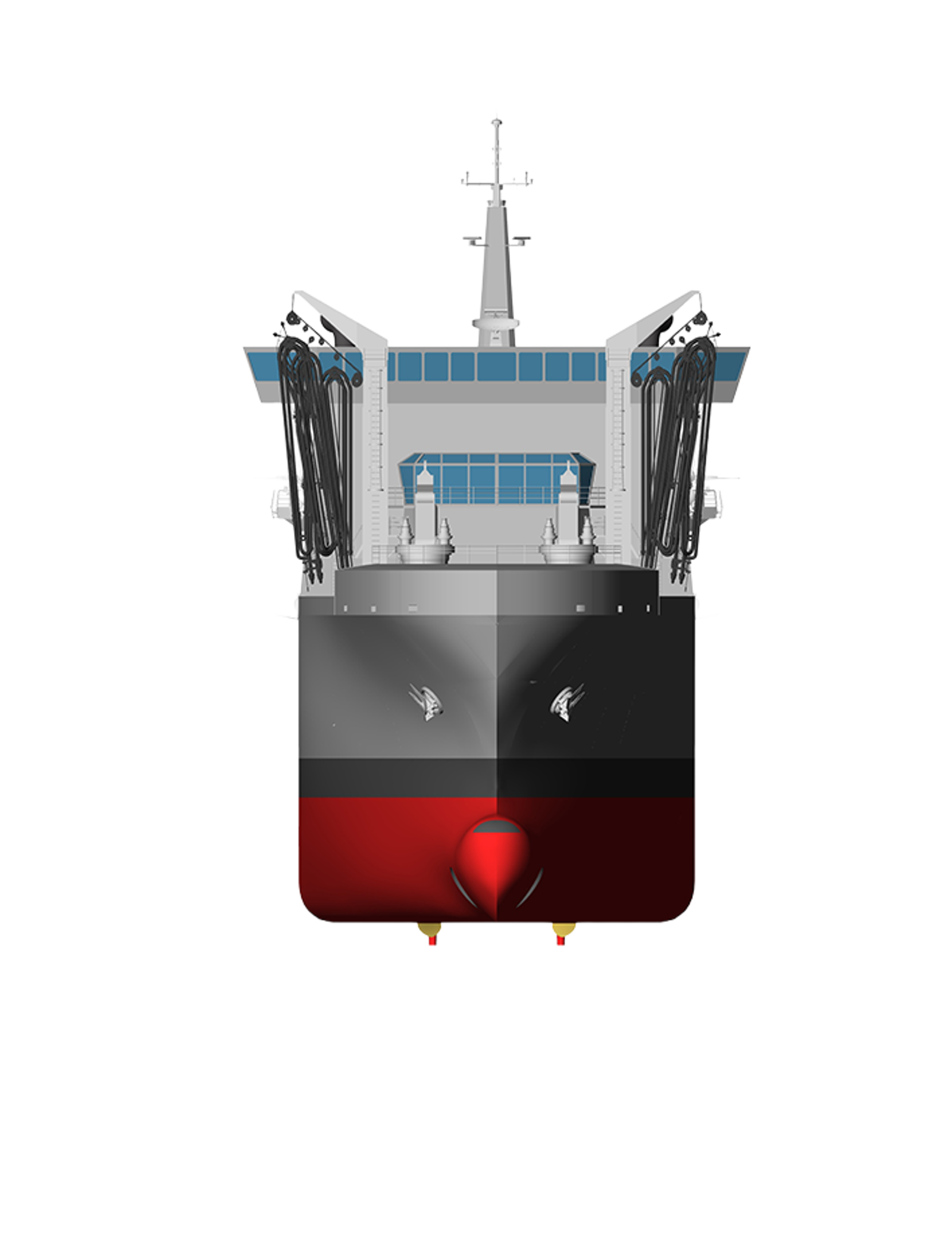 Fincantieri | Gruppo - Business - Prodotti - Navi Logistiche e di Rifornimento - LSS 130: Illustrazione della nave cargo vista dal fronte, design simmetrico e dettagli strutturali, scafo rosso e nero, ponte superiore bianco, antenne visibili, sfondo minimalista.