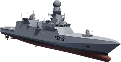 Prodotto - Navi per la Difesa Fincantieri - Fregata Leggera FCX30: Vista laterale della nave militare moderna in ambiente neutro, design slanciato, radar e armamenti avanzati, marcatura FCX30 visibile sullo scafo.