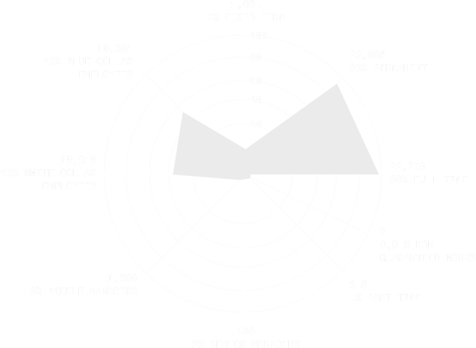 Fincantieri | Group - Sustainability - People and Community - Our People: Radar chart with employment data divided into categories such as full-time, part-time, and managerial roles, numerical values ‘22,279’ and ‘1,881’ highlighted; monochromatic palette with white text on a dark background, focus on statistical clarity.