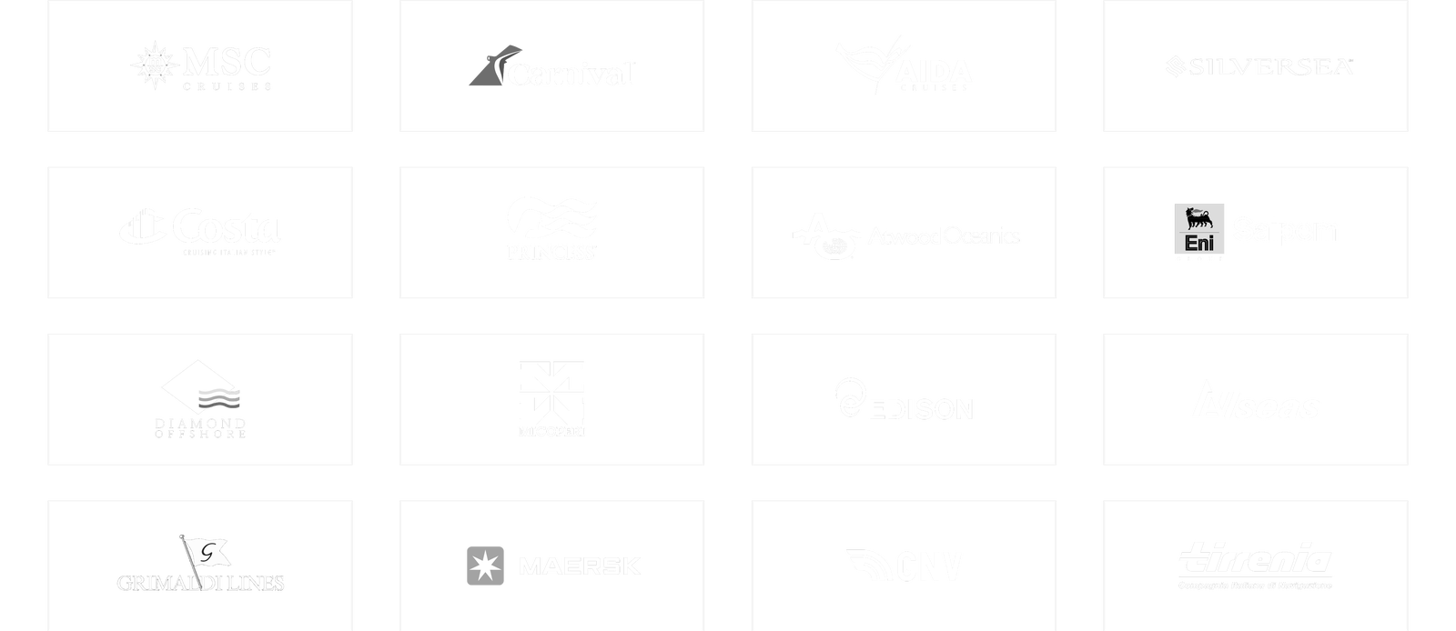 Fincantieri | Services - Customer Portfolio: Grid of cruise and shipping company logos such as MSC, Carnival, AIDA, Silversea, Costa, presented in white on a black background, distinctive and easily recognizable design.