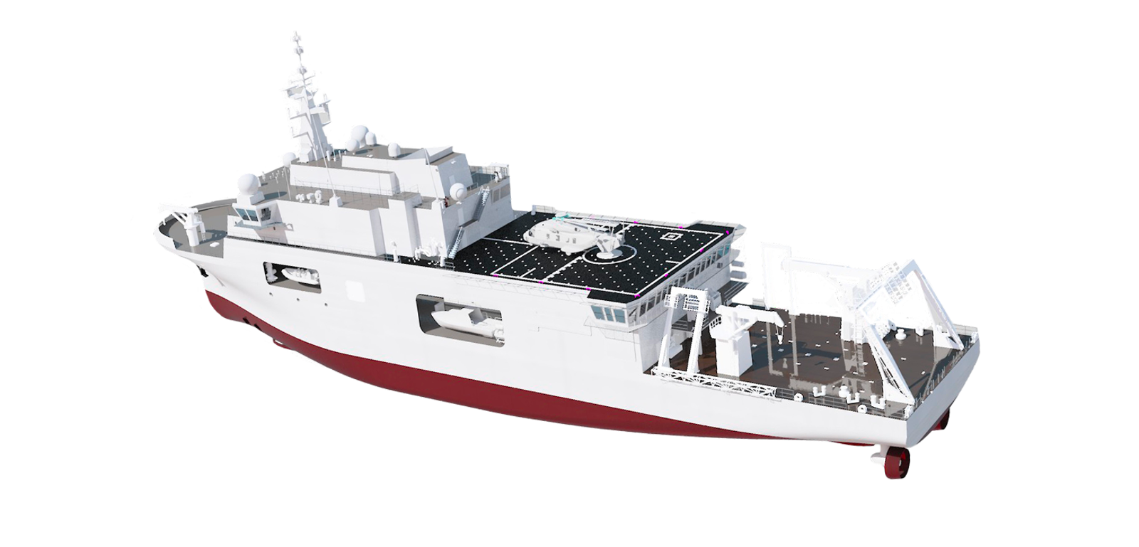 Fincantieri | Group - Business - Products - Specialised Units - Niom: Side view of modern research vessel, red hull and white superstructure, spacious deck, visible advanced equipment and functional details.