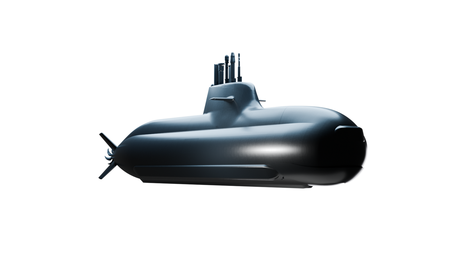 Prodotto - Navi per la Difesa Fincantieri - U212NFS: Vista laterale del sommergibile moderno in ambiente subacqueo scuro, design slanciato, periscopi e antenne visibili, illuminazione che evidenzia superfici metalliche e profili.