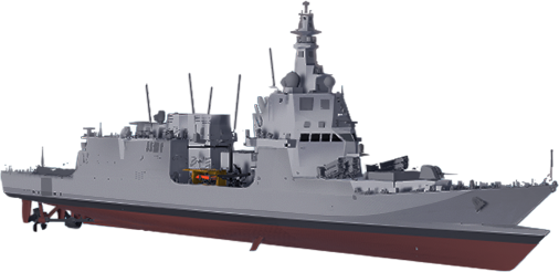 Prodotto - Navi per la Difesa Fincantieri Fregate: Vista laterale di Sopra di una nave da guerra moderna con armamenti avanzati, sistemi radar, scafo grigio e carena rossa, antenne e torrette visibili, struttura slanciata, pronta per operazioni marittime.