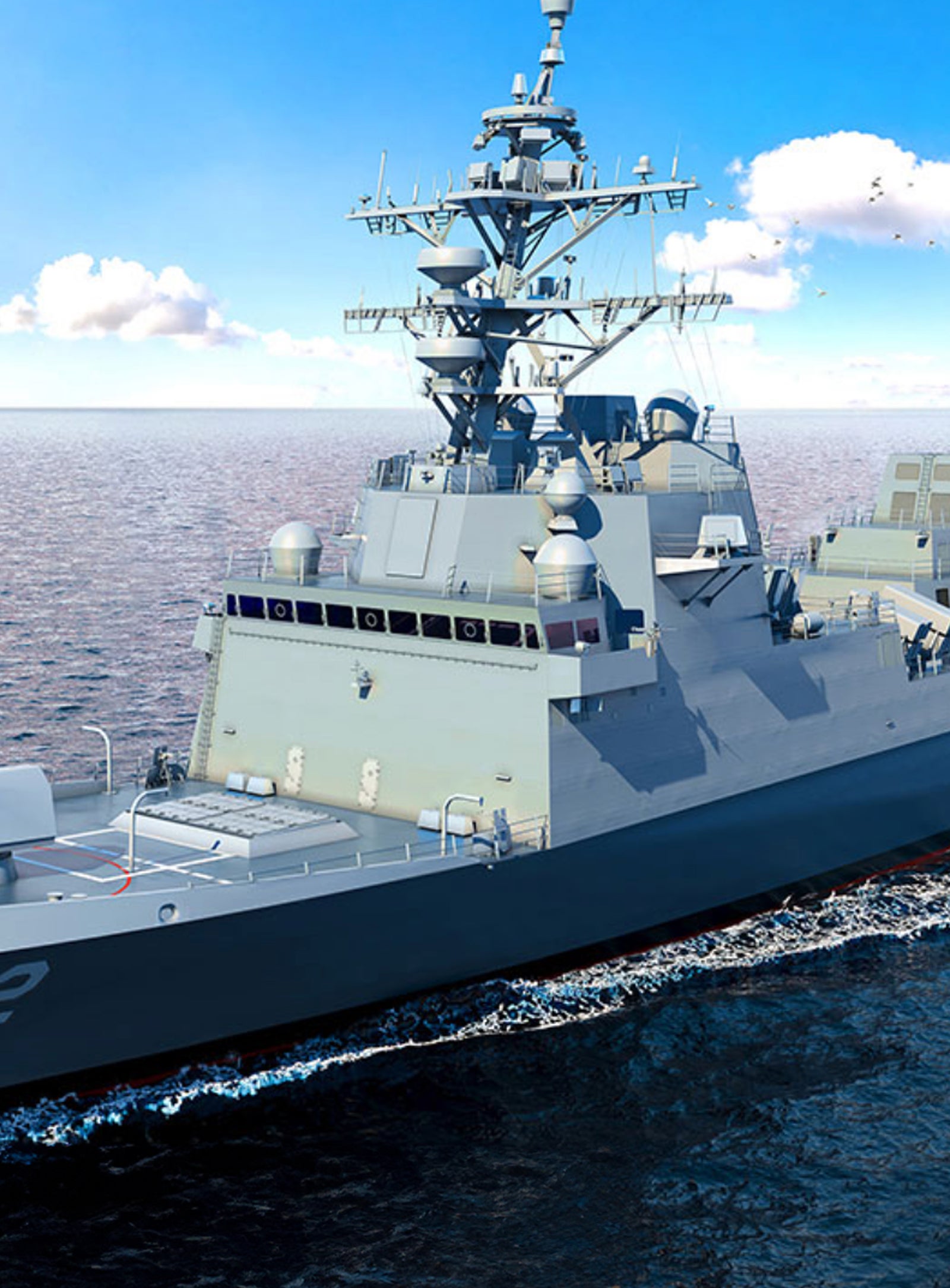 Fincantieri | Group - Companies - Subsidiaries and Affiliates - Fincantieri Marine Group: Modern warship operationally sailing on calm waters under a bright blue sky, equipped with advanced radar systems and armaments, number ‘62’ clearly visible on the hull; emphasis on maritime technology and defense capabilities in a serene environment.