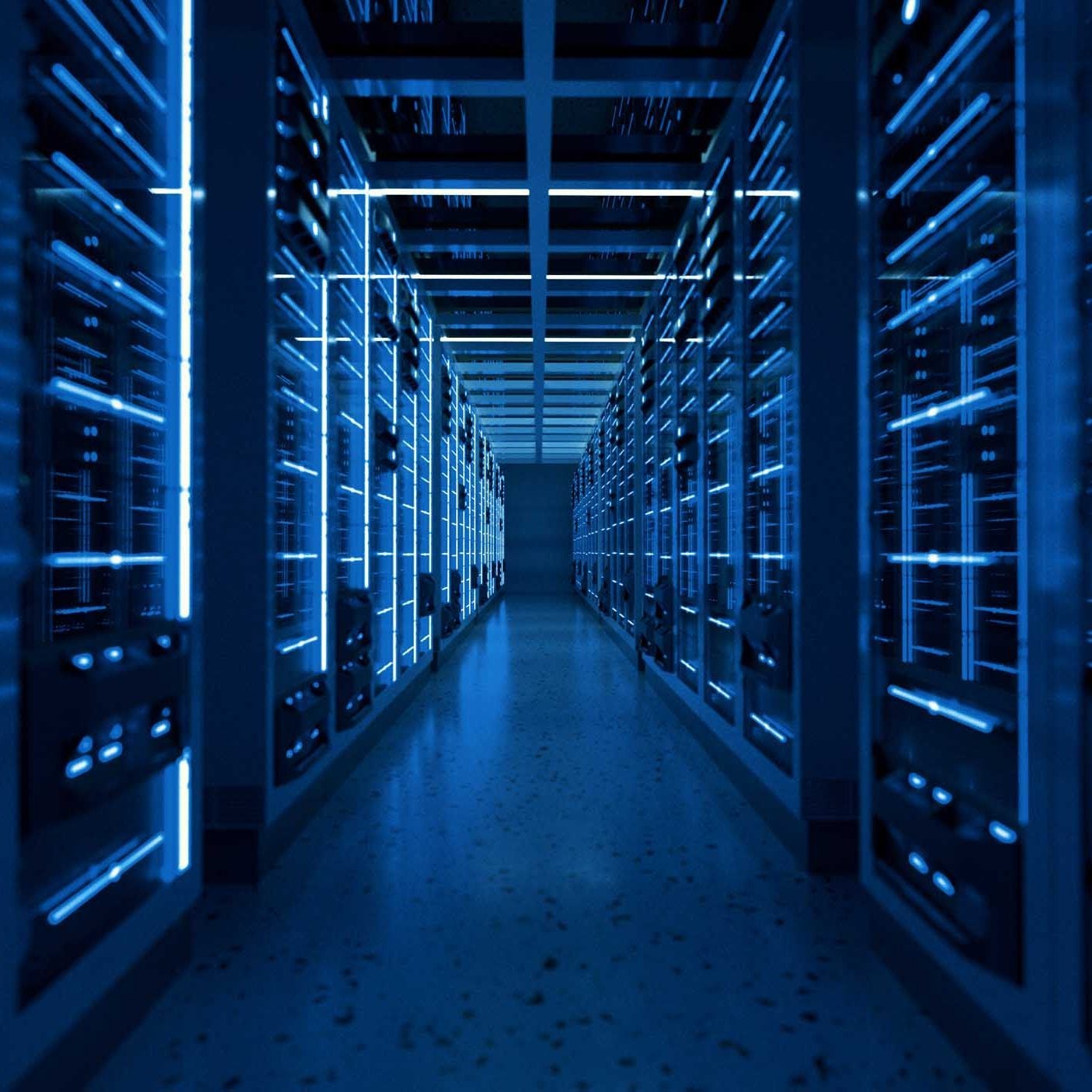 Fincantieri | Group - Business - Products - Cybersecurity - Digital infrastructure: Futuristic data center with rows of illuminated server racks emitting blue glow; clean, organized setting with reflective flooring, high-tech ambiance emphasizes advanced technology and digital infrastructure.