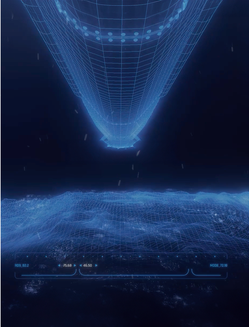 Fincantieri | Group - Companies - Subsidiaries and Affiliates - WASS Submarine Systems: Bright blue holographic interface suspended over a digital ocean landscape, wireframe visuals and futuristic design, numbers "75.69" and "450" visible, emphasis on advanced technology and data-driven innovation.