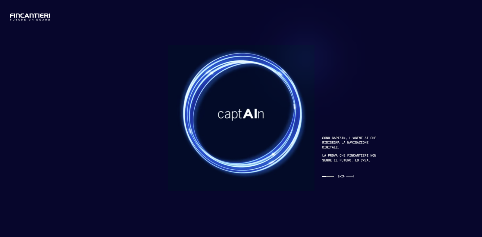 newsroom - press releases - 2025 - fincantieri group: fincantieri launches "captain", the ai agent revolutionizing the group's digital communication: blue background with glowing circular graphic, "captain" logo in the center, fincantieri logo top left and description of the ai agent for digital communication bottom right.