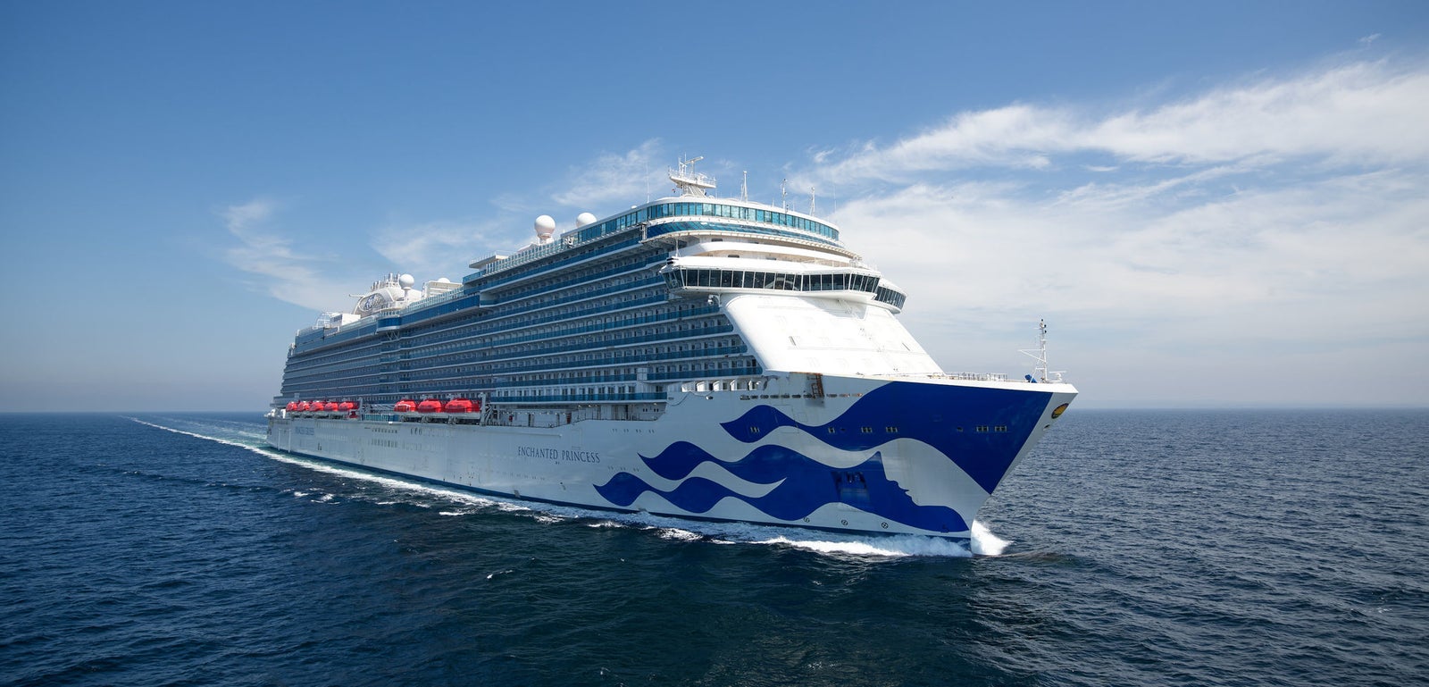 Fincantieri | Group - Business - Products - Cruise Ships - Enchanted Princess: Overhead view of Enchanted Princess cruise ship in operation, sailing on calm open waters under clear blue sky, white and blue exterior with wave patterns on hull, visible lifeboats along sides, upper decks show antennas and recreation areas.
