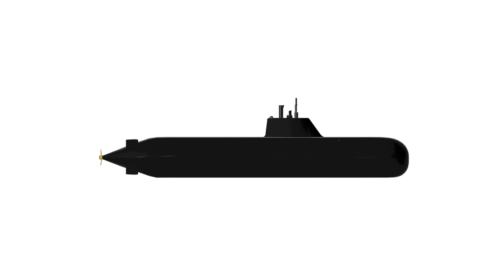  Fincantieri | Gruppo - Business - Prodotti - Sommergibili - Classe Todaro - S800A: Vista laterale del sommergibile nero, elica posteriore visibile, design slanciato e struttura funzionale su sfondo neutro.