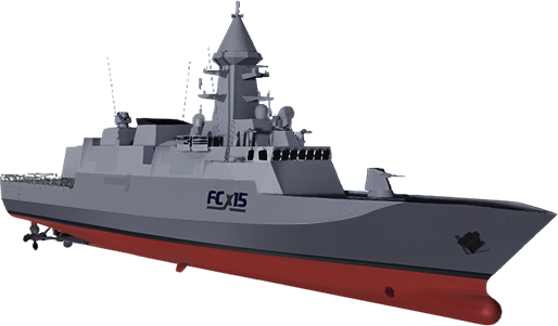 Prodotto - Navi per la Difesa Fincantieri - Corvetta FCX15: Vista laterale della nave militare moderna con marcatura FCX15 visibile, radar e antenne avanzati, scafo grigio con carena rossa, design slanciato e struttura tecnologicamente sofisticata.
