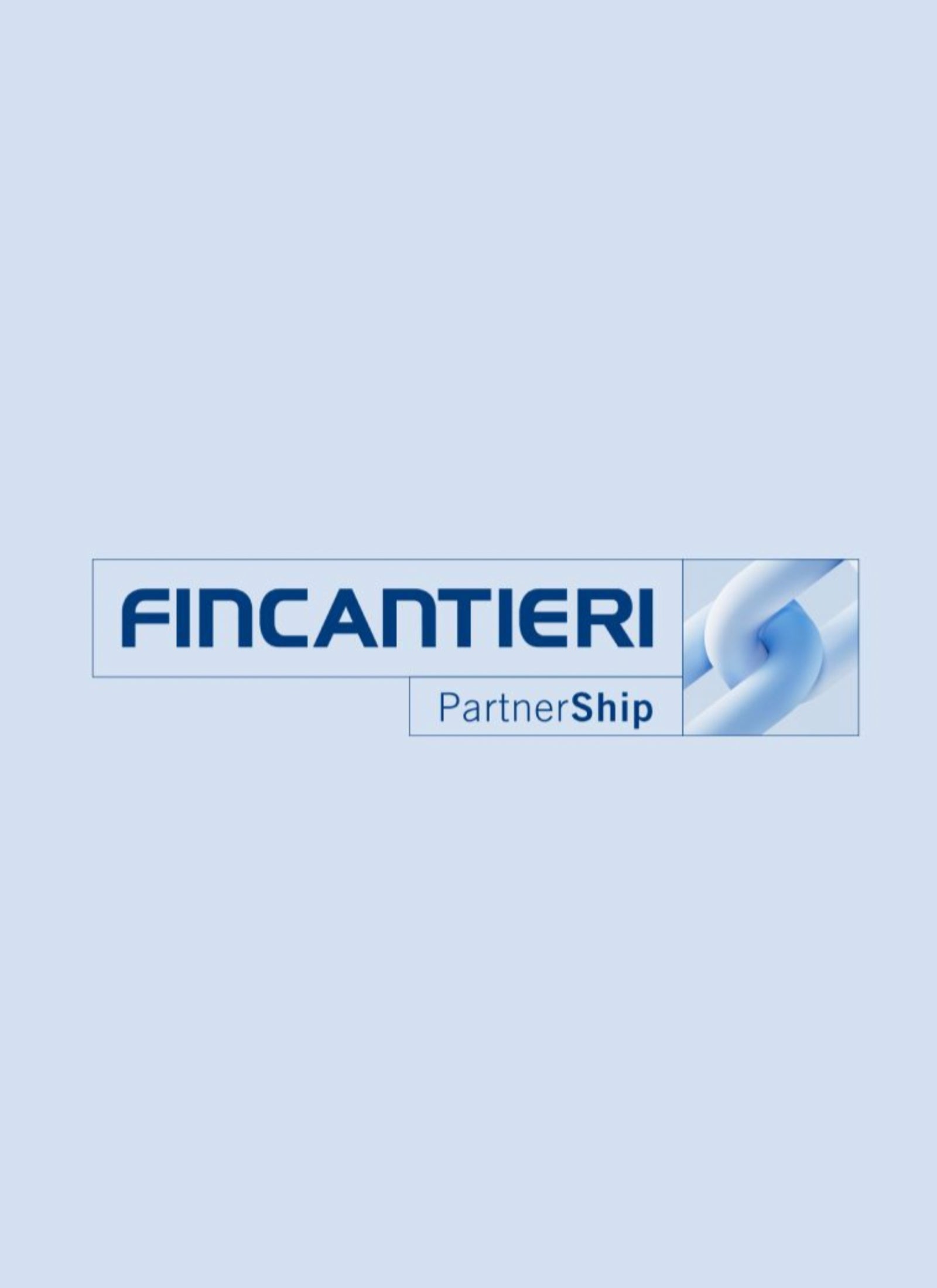 Fincantieri | Eccellenza industriale - Sostenibilità: Logo Fincantieri in palette blu, con catena stilizzata e testo ‘PartnerShip’. Grafica minimalista per comunicazione su collaborazione aziendale.