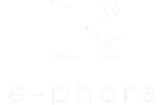 Fincantieri | Group - Business - Products - Cybersecurity - e-phors logo: Sleek, modern logo with text 'e-phors' below a stylized emblem; emblem combines geometric and abstract elements, contemporary visual appeal, monochromatic white-on-black palette.