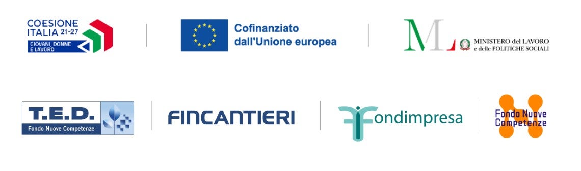 Fincantieri | People - Living Fincantieri - Training and Development: A collection of logos representing various European and Italian organizations, including Coesione Italia, the European Union, and others. The image features clean, professional designs with text and symbols. Visible text includes "Cofinanziato dall'Unione europea" and "Fondo Nuove Competenze."