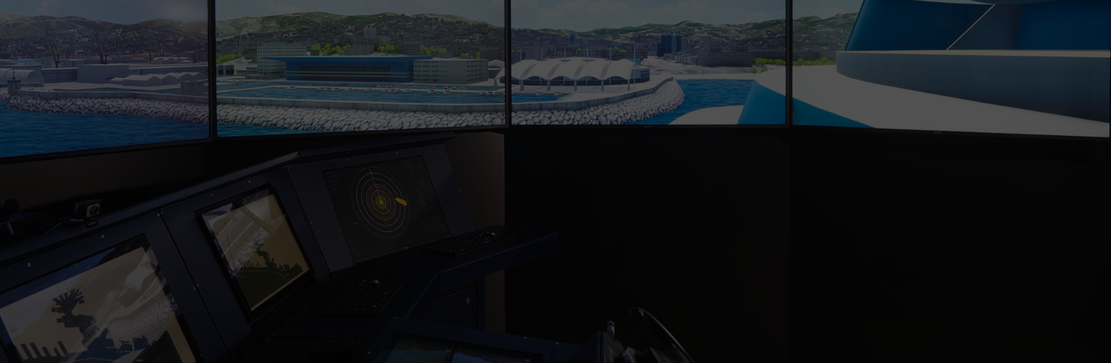 Fincantieri - People - FAQ: Modern maritime control room with multiple screens offering a coastal panorama, panels equipped with radar and navigation systems, background with port, buildings, and vessels, advanced technological environment.