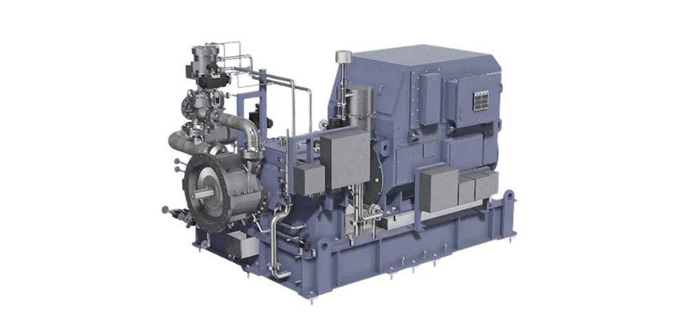 Fincantieri | Group - Business - Products - Equipment, Systems and Infrastructures - Steam turbines: Digital rendering of complex industrial machine with extensive piping, valves, and large central turbine.