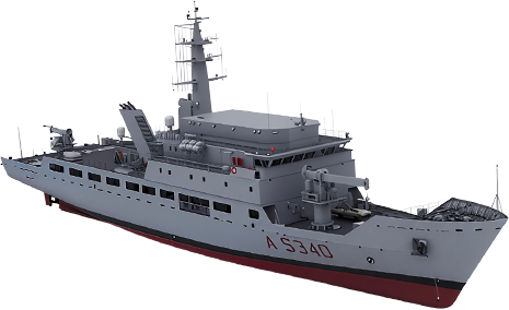 Prodotti - Navi per la Difesa Fincantieri: Vista laterale della nave militare unità specializzata con sigla A S340 visibile, multipli ponti, radar e apparecchiature montate, scafo grigio con base rossa, design robusto per operazioni navali.