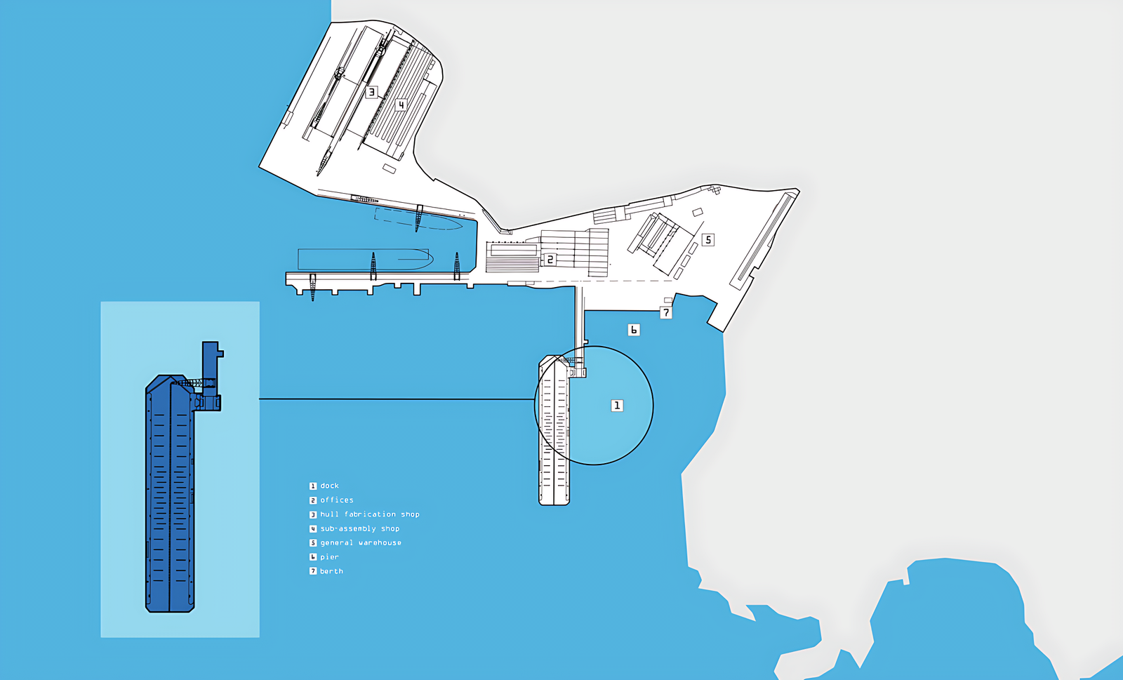 Fincantieri | Services - Ship Repair and Conversion - Muggiano Shipyard: Detailed diagram of the pier and surrounding areas with labeled sections and structures, zoom-in on a specific segment of the pier on the left, minimalist blue and white palette, clearly visible numerical labels.