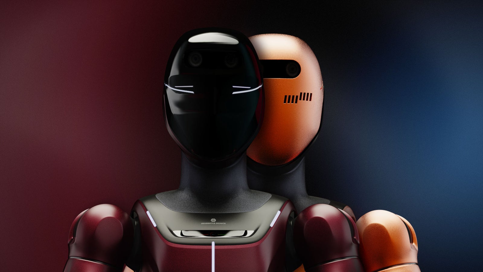 Newsroom - Comunicati stampa - 2026 - Fincantieri e Generative Bionics avviano una partnership industriale per lo sviluppo di un robot umanoide saldatore destinato ai cantieri naval: Due robot umanoidi saldatori, uno con volto nero lucido e uno con volto rame metallico, affiancati, sfondo sfumato scuro, marchio Generative Bionics visibile.