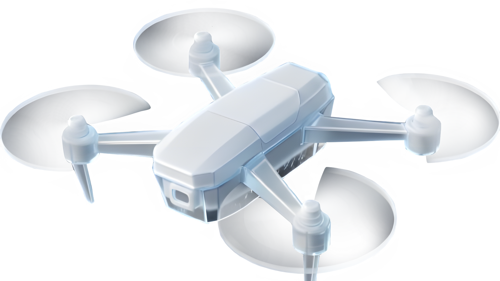 Fincantieri | Group - Innovation - Smart Manufacturing System - Robotics, Drones and Automation: Compact white drone with four rotors and modern design, no background, clean lines and technological appeal; suggests portability and use for aerial photography or recreational purposes.