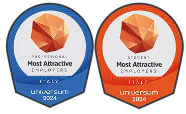 Fincantieri | People - Innovative Spirit: Two Universum 2024 badges for best employers in Italy, blue badge for professionals and orange for students, geometric design, year 2024 and country Italy clearly visible.