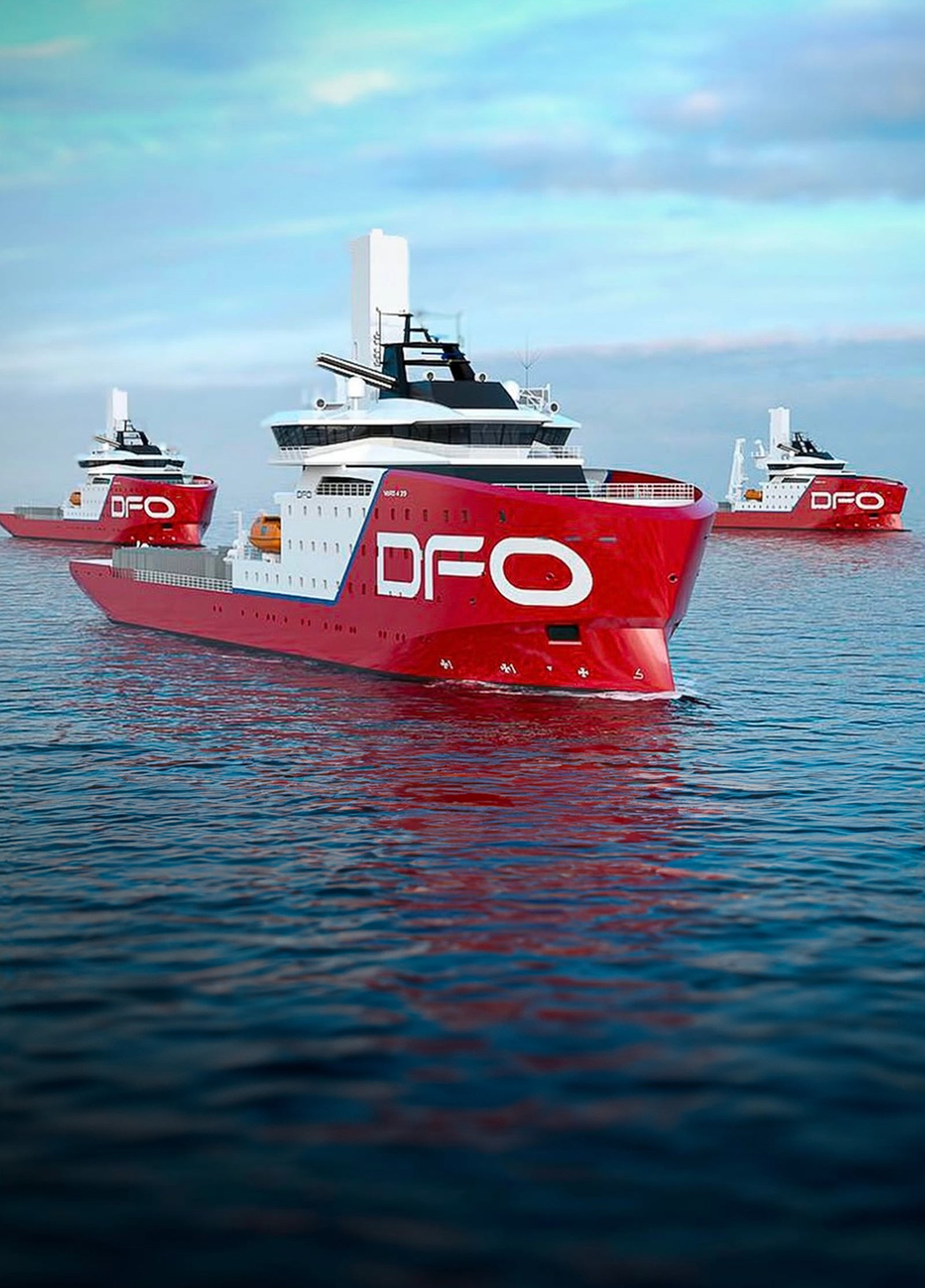 Fincantieri | Gruppo - Sostenibilità - Eccellenza industriale - Cilenti: Tre grandi navi rosse con marchio ‘DFO’ operano in navigazione su acque calme sotto cielo parzialmente nuvoloso, design moderno con dettagli bianchi e lettering ben visibile; ambiente marittimo e tecnologie avanzate.