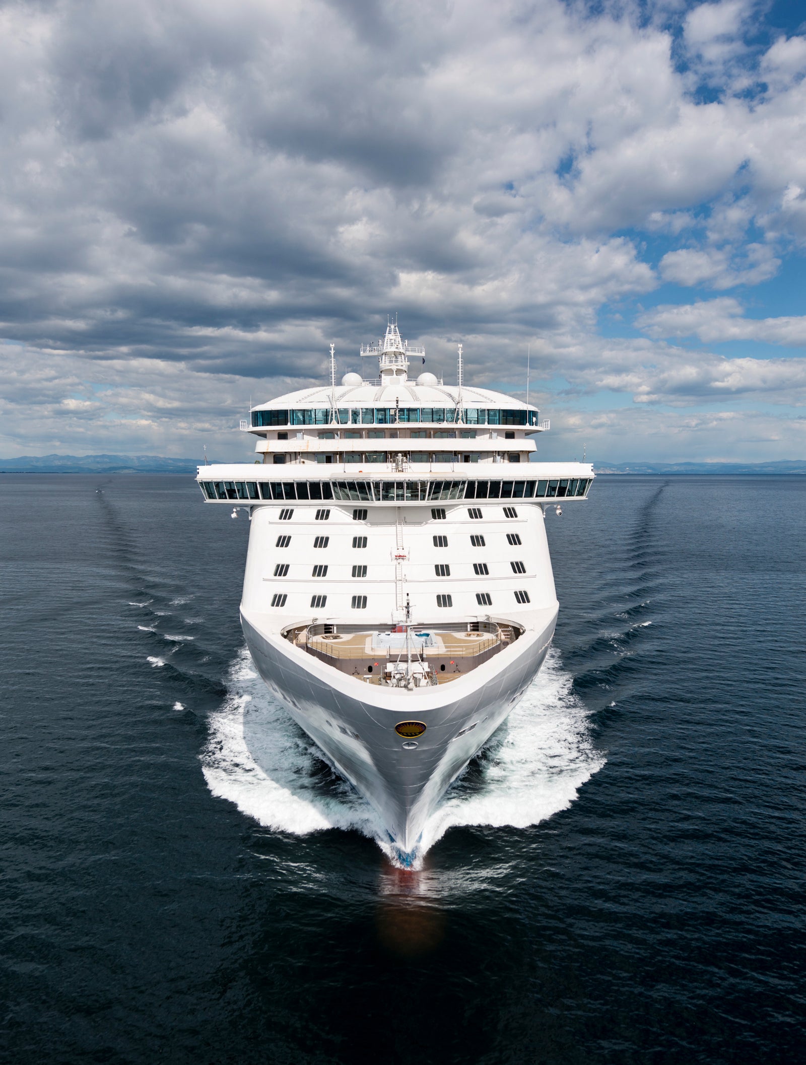 Fincantieri | Group - Business - Products - Cruise Ships - Regal Princess: Large operational white cruise ship sailing on calm open waters under partly cloudy sky, bow clearly visible with elegant and majestic design.