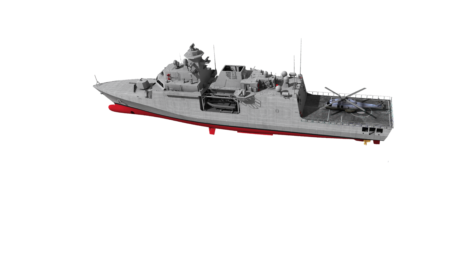 Fincantieri | Group - Business - Products - Defence Vessels - Patrol Vessels - PPX: Side view of modern ship, helicopter on deck, advanced equipment, gray hull with red details, design focused on maritime technology and military readiness.