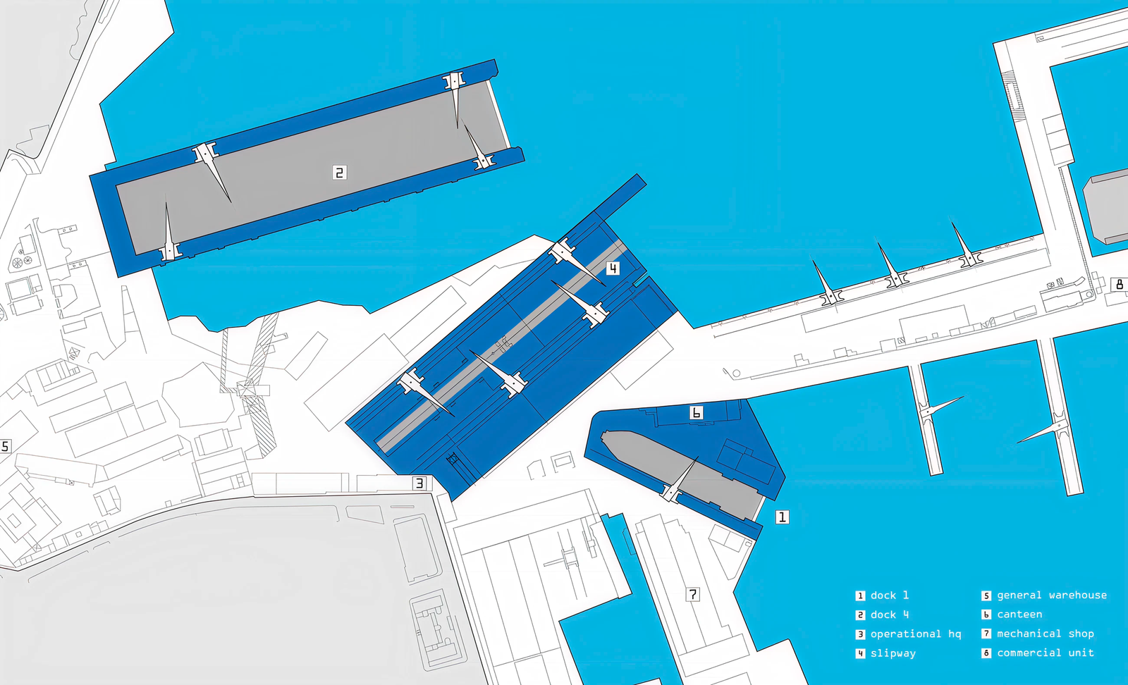 Fincantieri | Services - Ship Repair and Conversion - Palermo Shipyard: Technical diagram of the dry dock with labeled sections and crane positions, numerical annotations such as “3” for the dock and “10 t crane” for specific equipment, blue palette, clearly outlined structure.