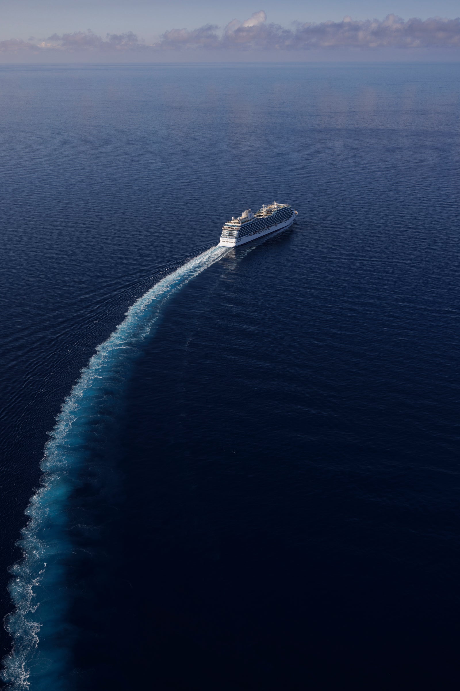 Suppliers and Partners – Fincantieri | Administrative Services Center: Side view of an operational cruise ship sailing on deep blue waters, visible wake, serene environment with clear sky and distant clouds on the horizon, atmosphere of peaceful travel.