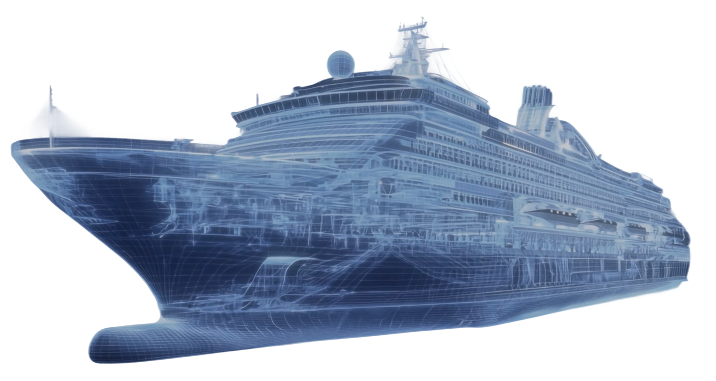 Fincantieri | Sustainability - Energy Transition: Transparent blue wireframe rendering of a large cruise ship on a white background, detailing the ship's structure and design.