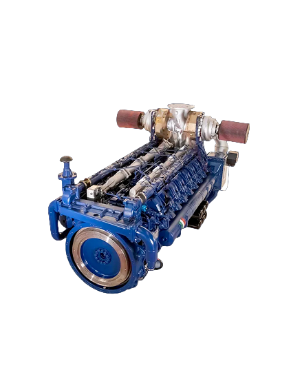 Fincantieri | Group - Business - Products - Stabilization, Propulsion, Positioning, and Generation Systems - Blue industrial engine: Close-up of blue industrial engine with intricate mechanical components and metallic finish, visible cylindrical parts and exhaust components, emphasizes engineering precision.