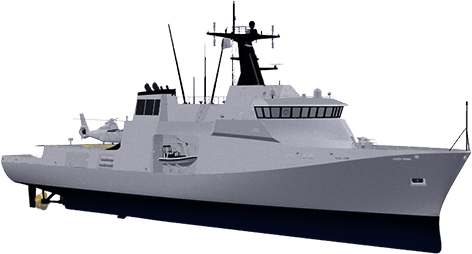 Prodotti - Navi per la Difesa Fincantieri: Vista laterale della nave pattuglia moderna con elicottero sul ponte, radar e antenne di comunicazione avanzate, struttura angolare e robusta per operazioni marittime.
