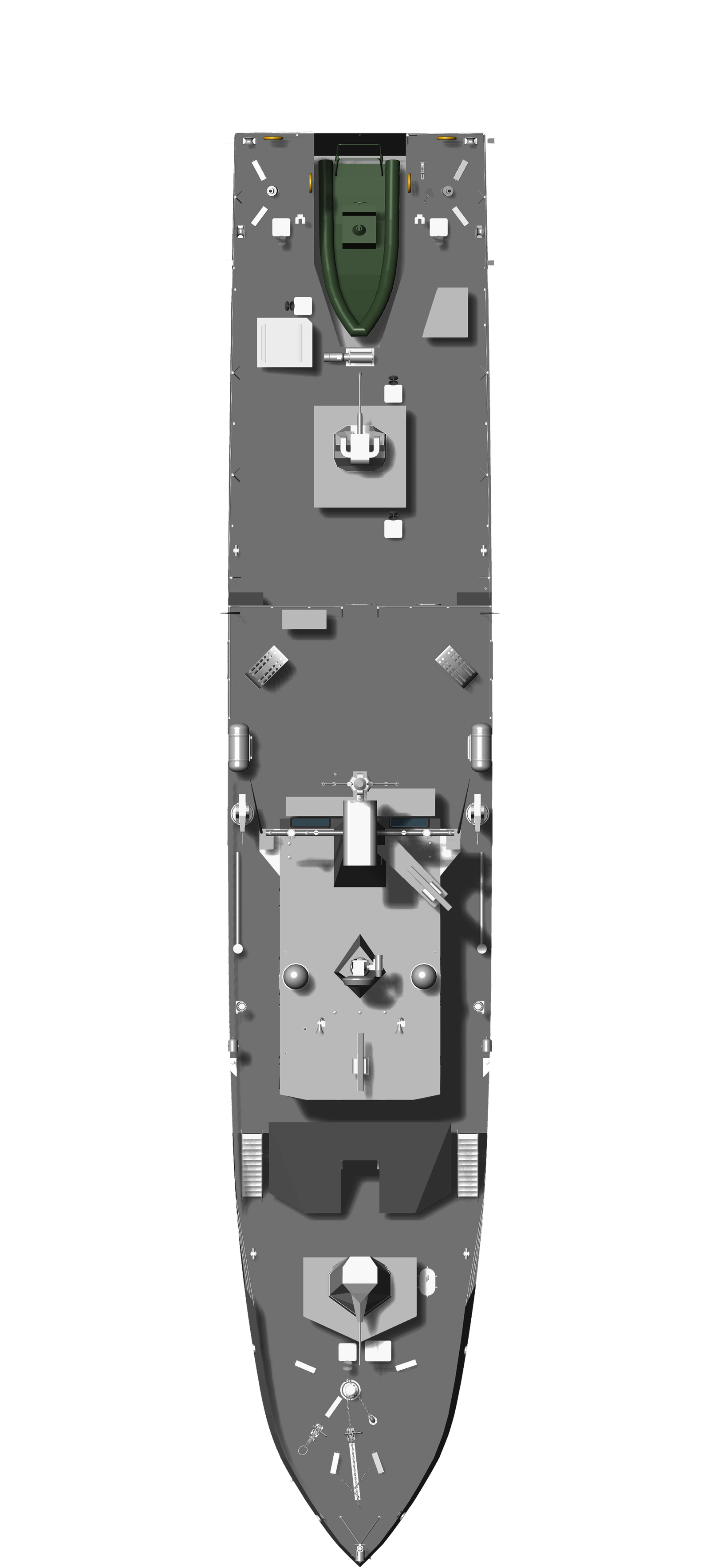 Fincantieri | Group - Products - Defence Vessels - Patrol Vessels - P51MR: Overhead view of the ship, visible compartments and equipment, green section at the rear, technical and functional layout in schematic style.