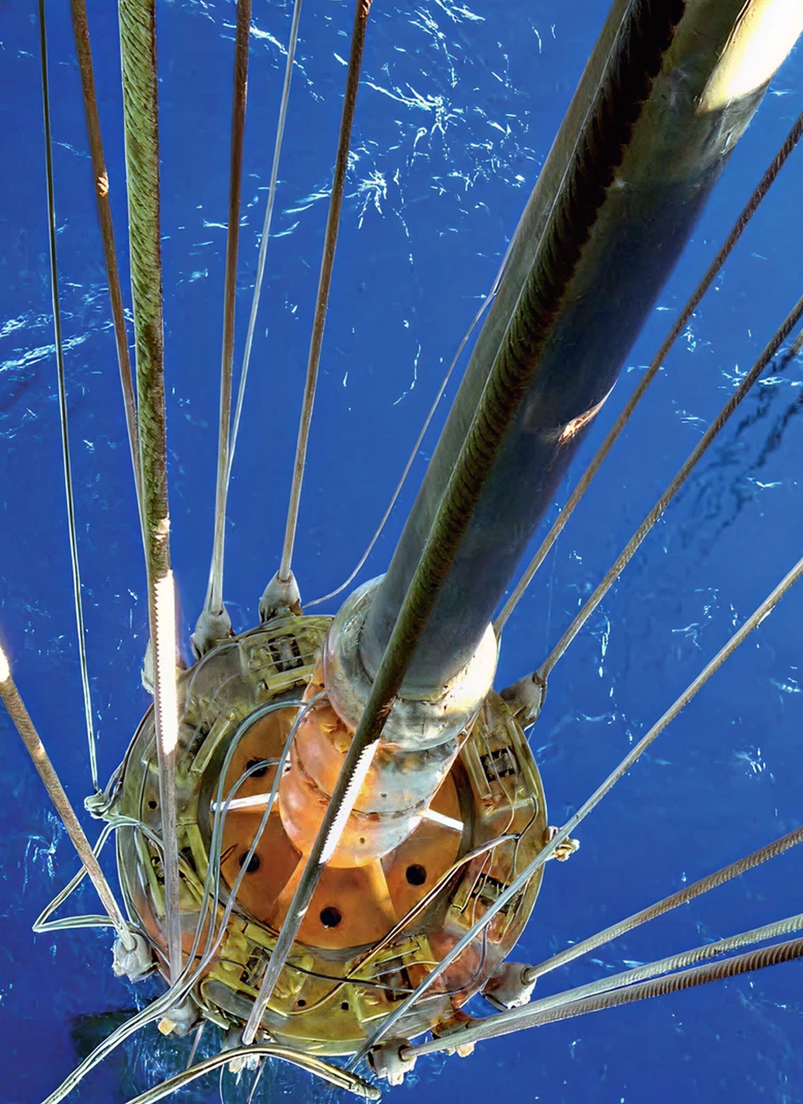 Fincantieri | Group - Business - Products - Stabilization, Propulsion, Positioning, and Generation Systems - Scientific equipment: Close-up upward view of complex marine equipment submerged in deep blue water; cylindrical structure with numerous cables extending in all directions.