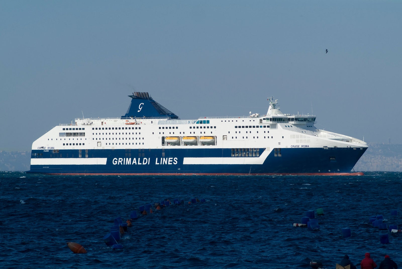 Prodotto - Traghetto Barcellona Grimaldi Lines: Vista laterale della nave operativa in navigazione, scafo bianco e blu con scritta Grimaldi Lines ben visibile, design per trasporto passeggeri e merci, mare calmo, terra all’orizzonte.