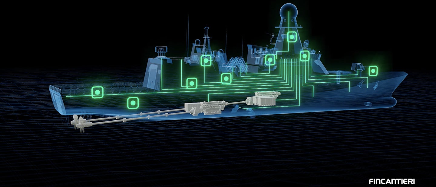 Fincantieri | Group - Subsidiaries and Affiliates - Fincantieri Ephors: Futuristic visualization of a naval vessel featuring integrated systems and advanced technology, components connected by glowing green lines, focus on sophisticated engineering; 'Fincantieri' text visible in the bottom-right corner.