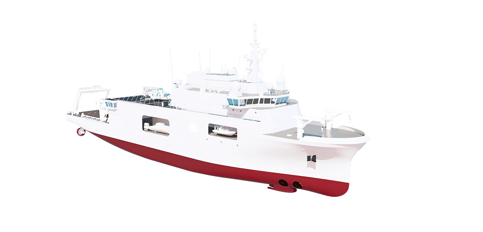 Fincantieri | Group - Business - Products - Specialised Units - Niom: Side view of research vessel, white and red hull, multiple decks, antennas and lifeboats visible, functional design against neutral background.
