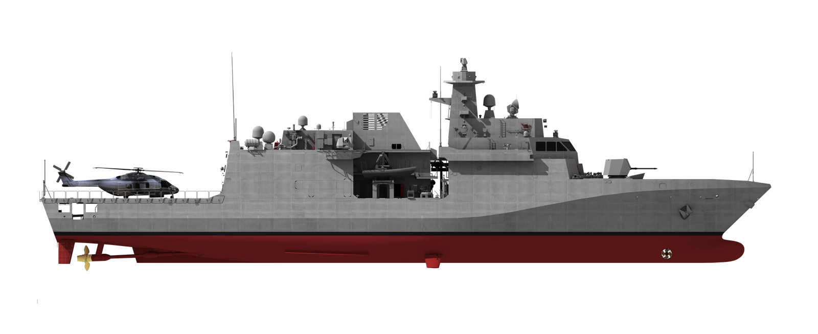 Fincantieri | Group - Business - Products - Defence Vessels - Patrol Vessels - PPX: Detailed side view of modern naval ship, helicopter on deck, sleek gray design with red hull, visible antennas and equipment, military or maritime context, advanced technology and functionality.