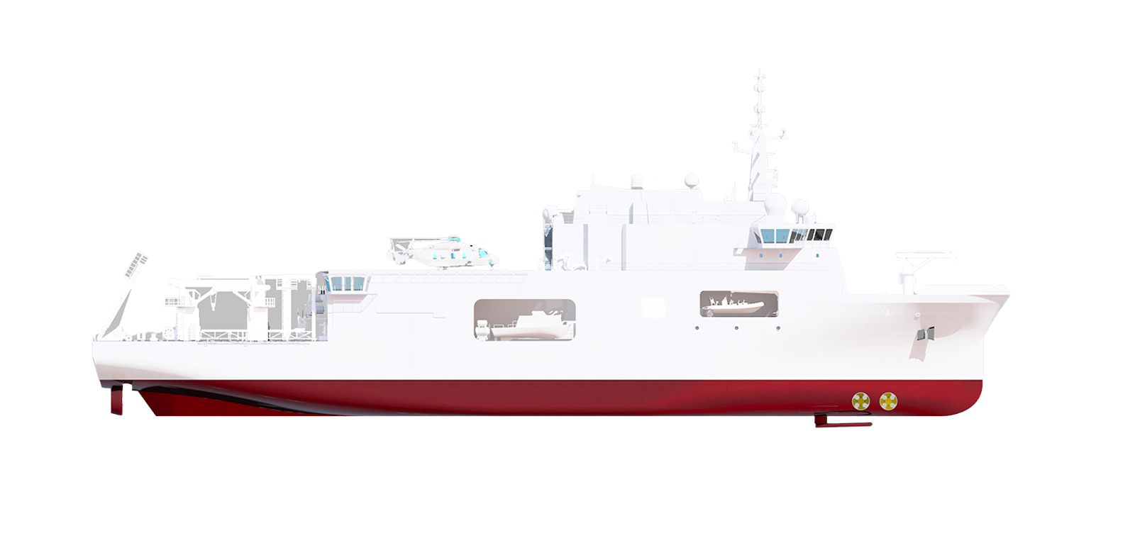 Fincantieri | Group - Business - Products - Specialised Units - Niom: Modern ship with white upper structure and red hull, intricate design elements visible, plain background, emphasis on features and maritime engineering, no visible text or numbers.