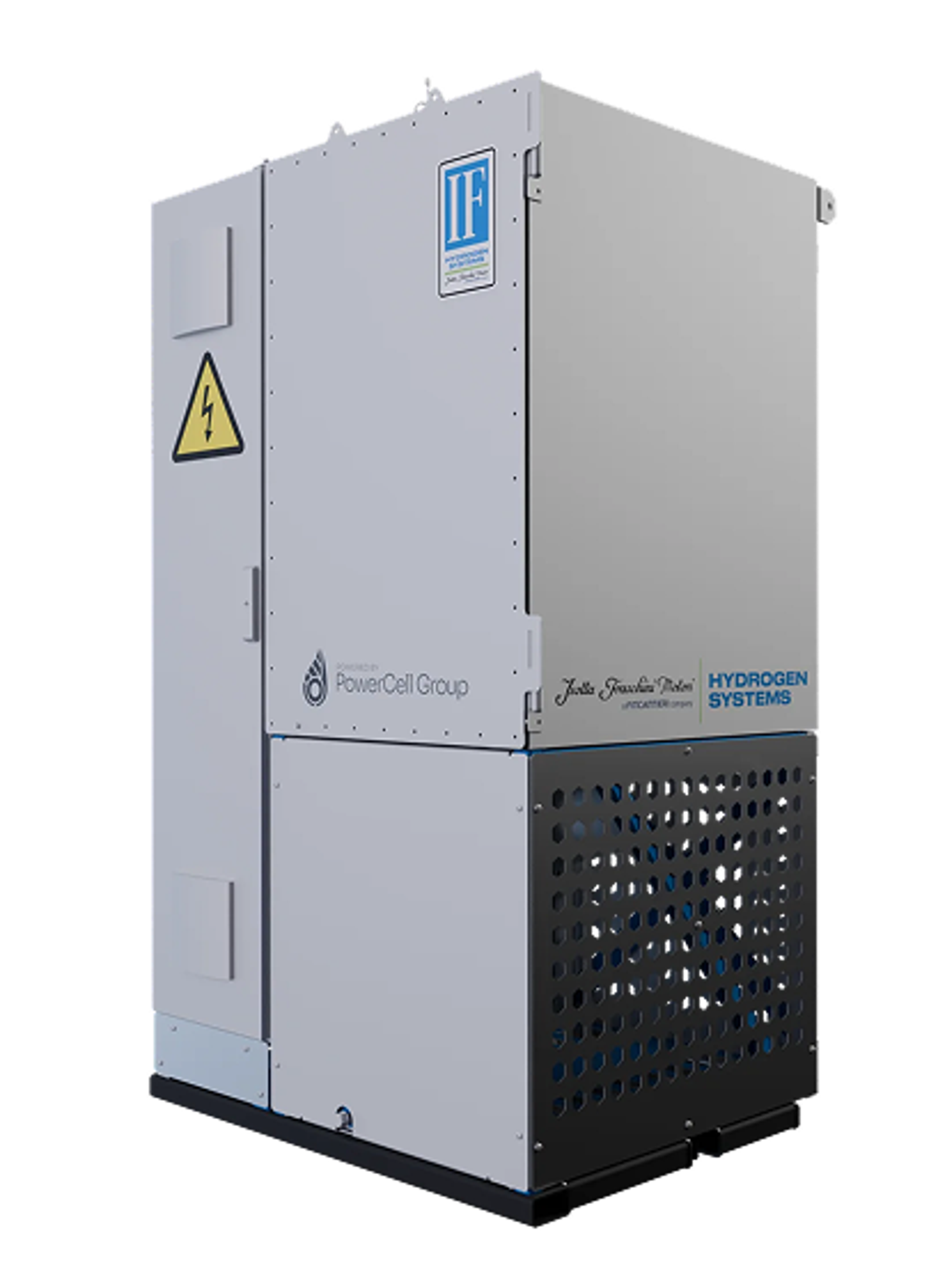 Fincantieri | Group - Business - Products - Stabilization, Propulsion, Positioning, and Generation Systems - Hydrogen systems unit: Industrial hydrogen systems unit with visible safety signage and branding, PowerCell Group logo, hydrogen systems text, and high voltage warning symbol; metallic unit with perforated detailing for ventilation in controlled environment suitable for energy or fuel applications.